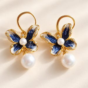 Akoya Pearl Blue Enamel Flower Earrings, Sterling Silver Gold Vermeil Dangle Earrings, Oriental Inspired Jewelry, Elegant Gift for Her