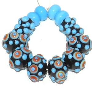 Set of Turquoise Stacked Dots, Bumpy Dots, on a Black base Lampwork Bead.