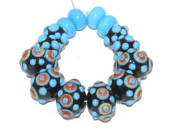 Set of Turquoise Stacked Dots, Bumpy Dots, on a Black base Lampwork Bead.