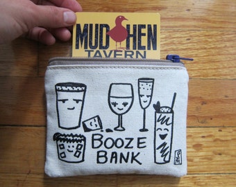 BOOZE BANK pouch! perfect way to package a gift card/ cocktails/booze/beer/shots/champagne/wine/food/ foodie/ food drawings/ hipster