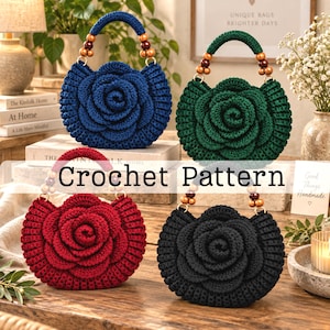 May include: Four round crochet handbags featuring a large central rose design. Each bag has a handle adorned with brown wooden beads. The bags are available in blue, green, red, and black. The text "Crochet Pattern" is overlaid in the center.