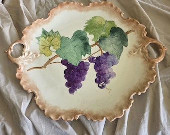 Vintage Serving Tray Platter Hand Painted With Grape Design and Scalloped Edges