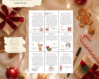 Può includere: Un foglio stampabile contenente nove lettere individuali a tema natalizio con testo in tedesco, caratterizzate da piccole illustrazioni di renne, pinguini, calze e bastoncini di zucchero, circondate da decorazioni natalizie e biscotti.