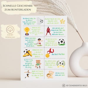 May include: A printable sheet featuring ten rectangular cards with German motivational text and soccer-themed illustrations, including a gold trophy, a soccer player, a soccer ball, yellow cleats, a gold medal, a leopard, and a lion cub.