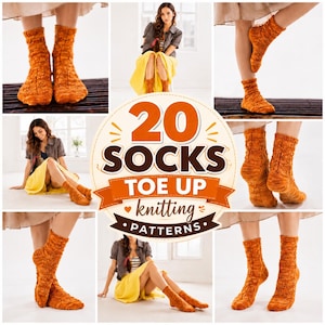 May include: A collection of orange knitted socks featuring intricate textured patterns. The central graphic displays the text 20 SOCKS TOE UP knitting PATTERNS in bold orange and dark brown lettering, showcasing various views of the socks.