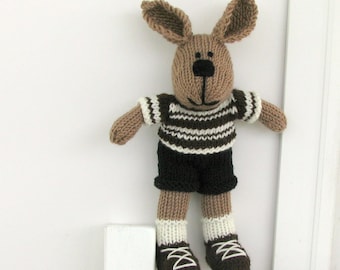 Hand knitted bunny rabbit boy toy.  Kids stuffed animal plush doll.