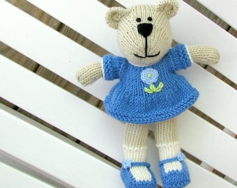 Knit teddy bear plush toy for little girl. New baby or first birthday gift.