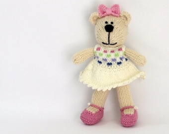 Gift for baby girl hand knitted teddy bear doll. Plush toy stuffed animal also for toddlers, kids & big people.