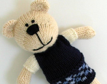 Knitted toy teddy bear stuffed animal gift for baby boy or toddler toy.