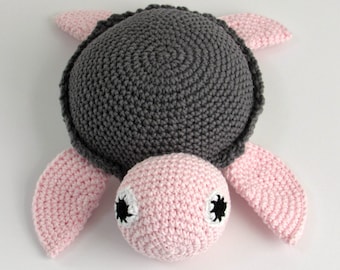 Pink crochet turtle under the sea baby gift.  Montessori style knitted toy.  Stuffed sea creature natural toy for toddler.