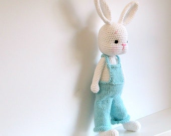 Crochet bunny in overalls.  Easter gift for baby, kids or adult bunny lover.
