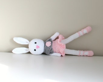 Crochet bunny doll ballerina Easter gift for girl.  Knitted plush rabbit stuffed amigurumi animal.