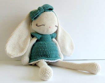 Knit bunny doll Easter gift for girls.  Big rabbit 16" tall & 6" wide.