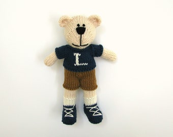 Baby boy gift personalized with initial. Knitted toy stuffed bear also for toddler or child.