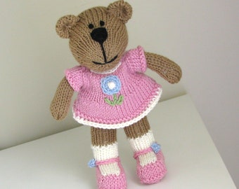 Hand knit bear for baby girl gift.  Personalized toy stuffed animal for toddler.  Amigurumi doll.