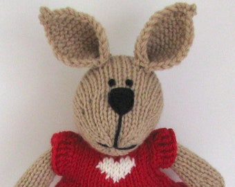 Hand knitted stuffed bunny plush toy for girl.  Easter rabbit knit doll for toddler.