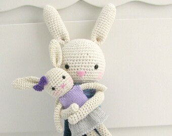 Crochet rabbit mom and baby. Easter gift.  Bunny doll amigurumi toy.