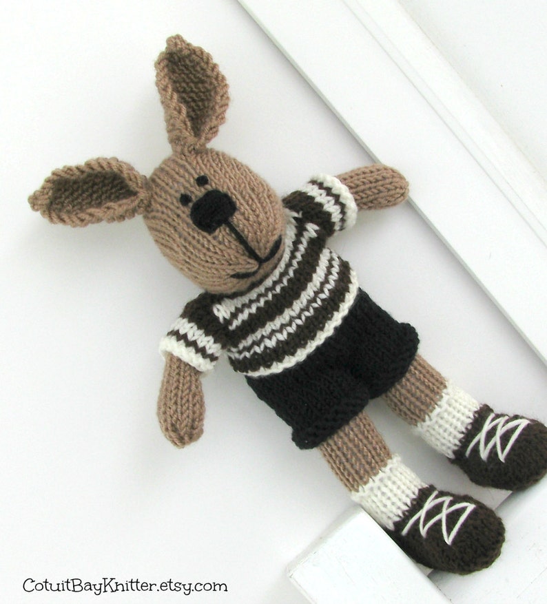 Hand knitted bunny rabbit boy toy. Kids stuffed animal plush doll. image 3