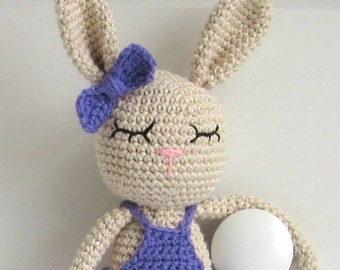 Baby girl crochet bunny doll personalized gift. Plush amigurumi knit doll. Knitted stuffed toddler toy.