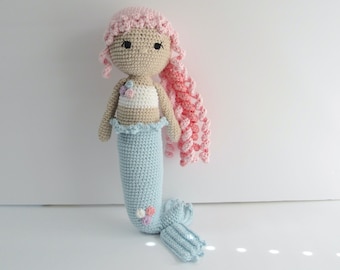 Luna the mermaid knitted doll. Beautiful soft & cuddly birthday gift.
