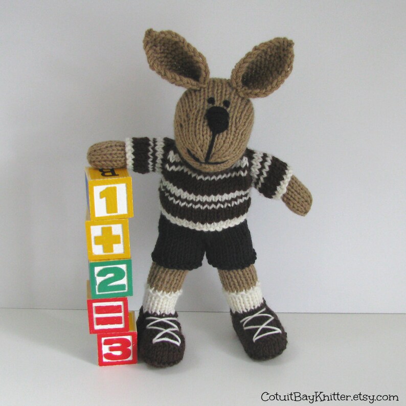 Hand knitted bunny rabbit boy toy. Kids stuffed animal plush doll. image 7