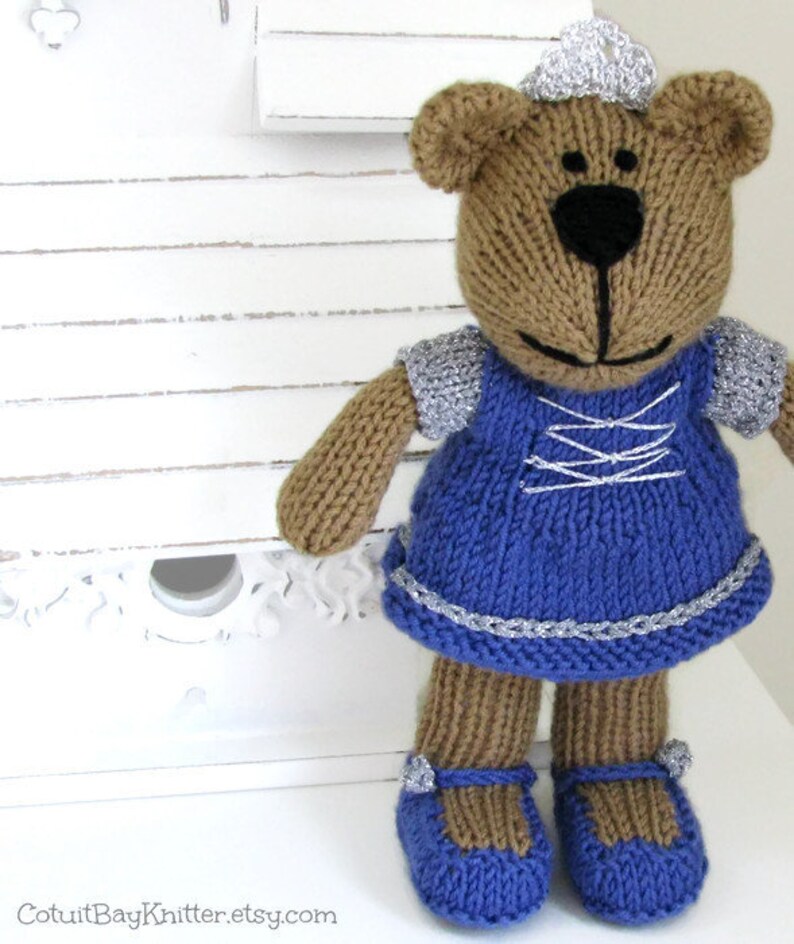 Hand knit teddy bear princess doll knitted toy. Stuffed doll personalized gift for girls. image 6