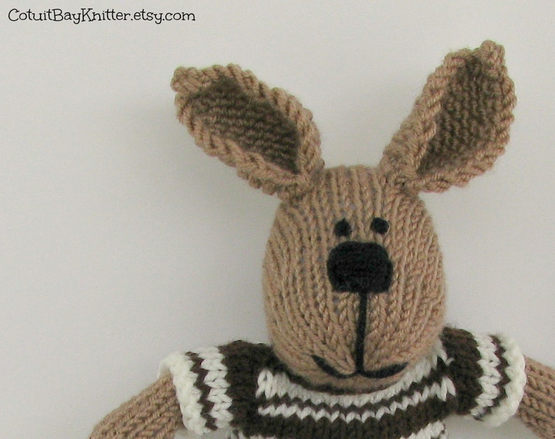 Hand knitted bunny rabbit boy toy. Kids stuffed animal plush doll. image 6