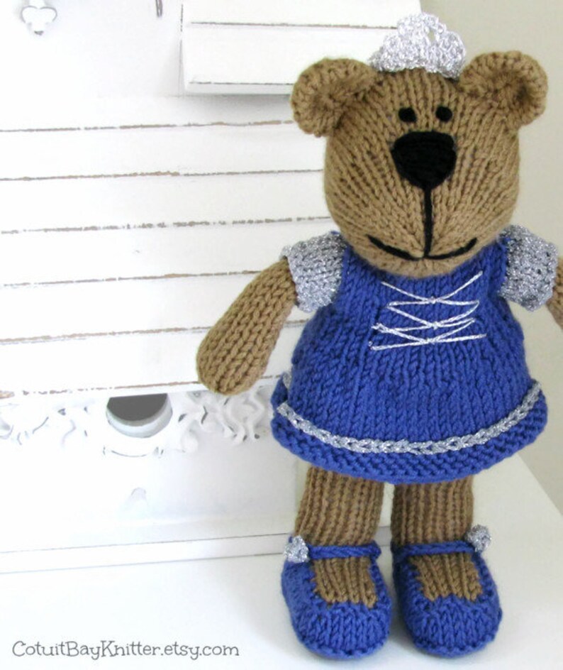 Hand knit teddy bear princess doll knitted toy. Stuffed doll personalized gift for girls. image 2