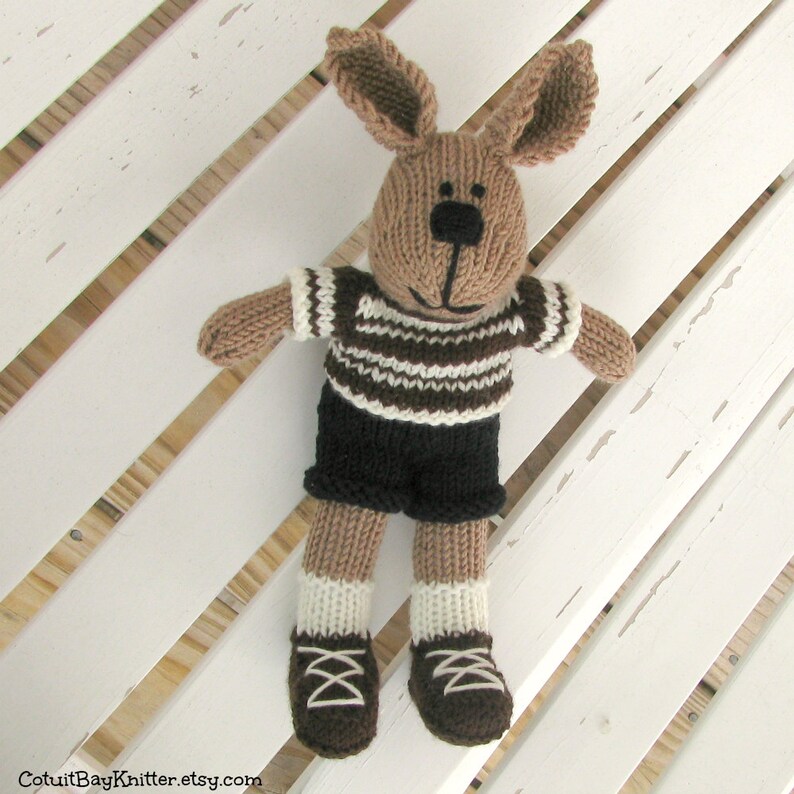 Hand knitted bunny rabbit boy toy. Kids stuffed animal plush doll. image 4