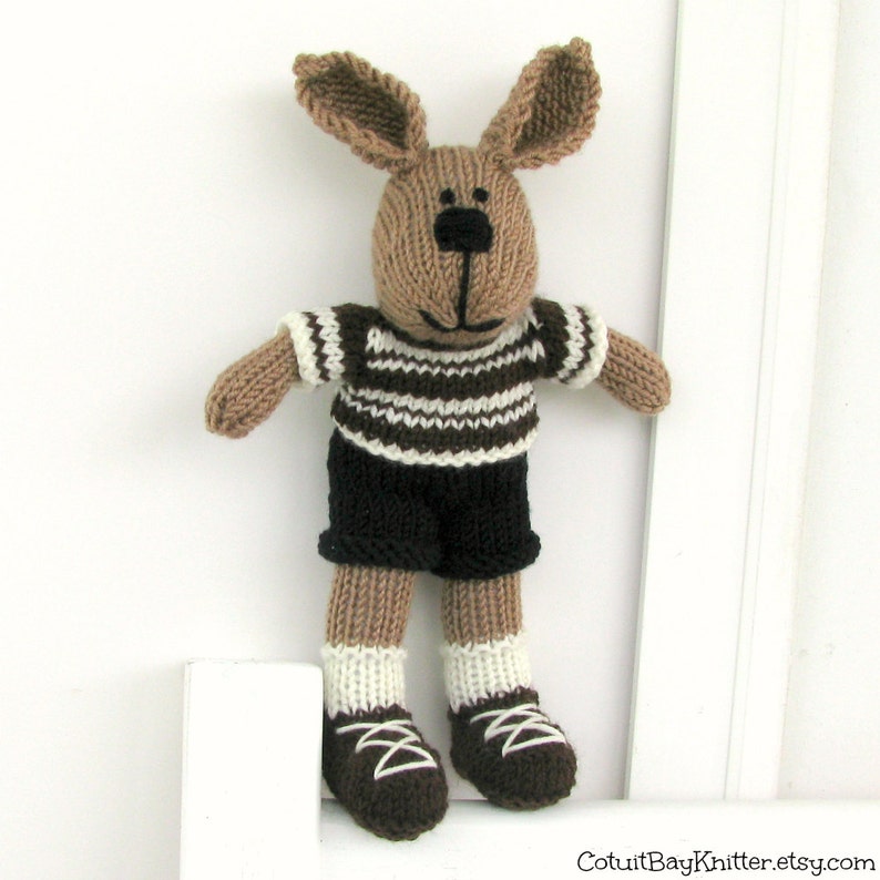 Hand knitted bunny rabbit boy toy. Kids stuffed animal plush doll. image 5