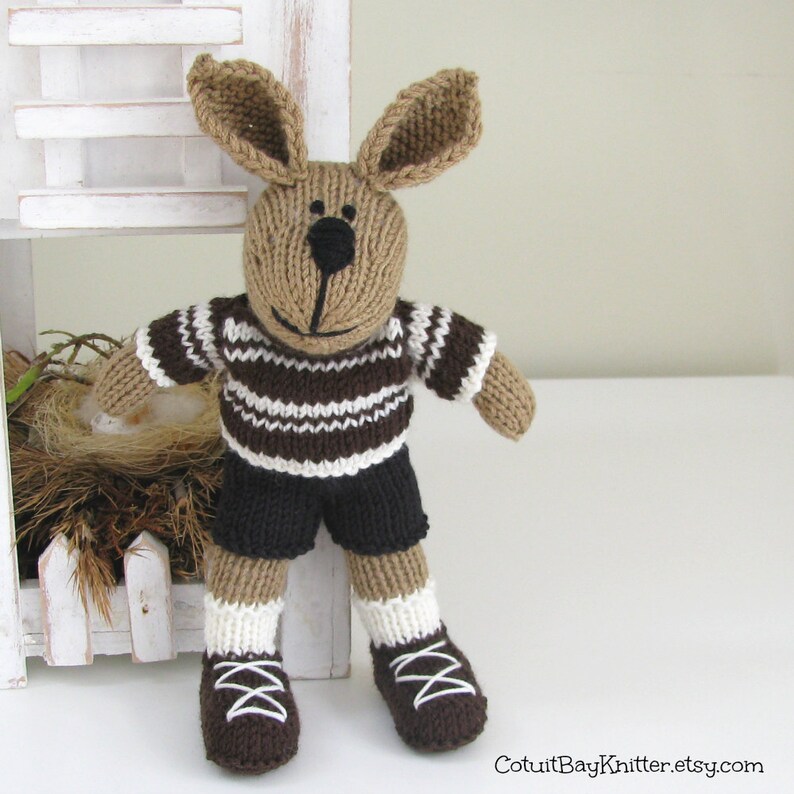 Hand knitted bunny rabbit boy toy. Kids stuffed animal plush doll. image 8