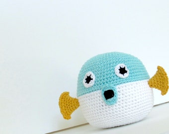 Crochet blowfish stuffed toy baby or toddler gift. Gender neutral natural cotton toy.