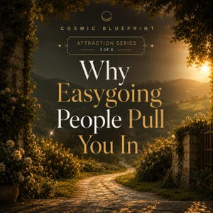 May include: A digital graphic featuring a winding stone path through a garden at sunset. The text reads: COSMIC BLUEPRINT, ATTRACTION SERIES, 3 OF 8, Why Easygoing People Pull You In. The scene includes stone walls, blooming flowers, and trees.