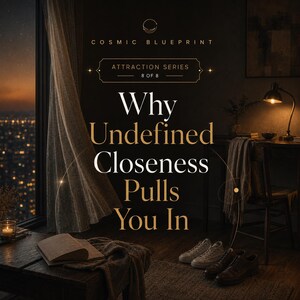 May include: A dark, moody interior scene featuring a wooden table with an open book and a candle, a desk with a lamp, and a window overlooking a city at night. Text reads: COSMIC BLUEPRINT, ATTRACTION SERIES 8 OF 8, Why Undefined Closeness Pulls You In.