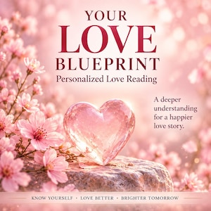 Op de afbeelding: Een digitale afbeelding met een doorschijnend roze hart op een steen, omringd door roze kersenbloesems. De tekst luidt: YOUR LOVE BLUEPRINT Personalized Love Reading, A deeper understanding for a happier love story, KNOW YOURSELF LOVE BETTER BRIGHTER TOMORROW.