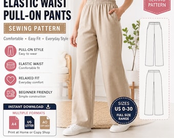 Naaipatroon PDF voor damesbroek met elastische tailleband | Rechte pijpen | Relaxte pasvorm | A0 A4 US Letter | Maten 0–30