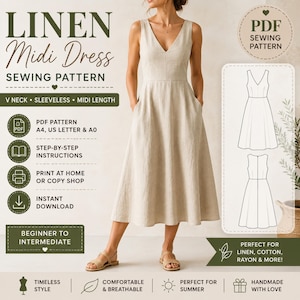May include: A beige sleeveless midi dress with a V-neckline and a full skirt. The image displays a PDF sewing pattern for this garment, including text details for A4, US Letter, and A0 printing, step-by-step instructions, and a technical line drawing.