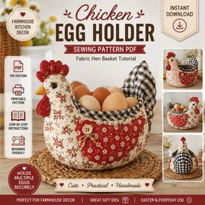 May include: A fabric chicken egg holder sewing pattern PDF featuring a hen-shaped basket with a cream floral body, red floral wings with buttons, and a black and white gingham tail. The basket holds several brown eggs and includes text labels.