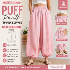 Pode incluir: Um molde de costura digital para calças bufantes com o texto DIY YOUR STYLE PUFF Pants SEWING PATTERN. A imagem mostra calças cor-de-rosa largas com cintura elástica, bolsos laterais e bainha franzida, juntamente com ícones de PDF.