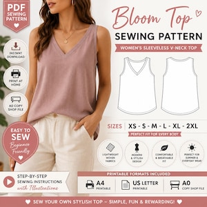 Bloom Top Sewing Pattern PDF, Women's V Neck Tank Top Pattern, Sleeveless Summer Blouse, Easy Beginner Sewing Pattern, XS-2XL A4 A0