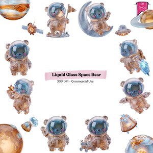May include: A collection of digital illustrations featuring bears in astronaut suits with liquid glass textures, planets, a satellite, and a moon. The text reads Liquid Glass Space Bear, 300 DPI - Commercial Use, and 50 PNGs. These graphics depict space-themed bears.
