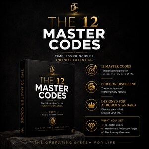 Pode incluir: Um livro de capa dura preto intitulado The 12 Master Codes com letras douradas e um logótipo de leão. O texto da capa diz Timeless Principles. Infinite Potential. Part I. The Operating System For Life. A imagem inclui listas de características.