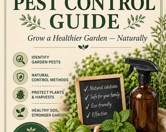 Può includere: Un manuale digitale di 60 pagine intitolato Organic Pest Control Guide di Self Sufficient Living Co. La copertina presenta testo su soluzioni naturali per il giardino, una piccola lavagna con segni di spunta, uno spruzzino, aglio e basilico.