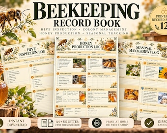May include: A beekeeping record book featuring 12 printable record sheets for hive inspection, colony management, honey production, and seasonal tracking. The pages include logs for hive inspections, honey production, and seasonal management in A4 and US Letter sizes.