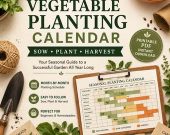 Può includere: Un calendario per la semina degli ortaggi con il testo VEGETABLE PLANTING CALENDAR SOW PLANT HARVEST. Include una griglia che mostra mesi e ortaggi con sezioni codificate a colori per la semina e il raccolto delle verdure.