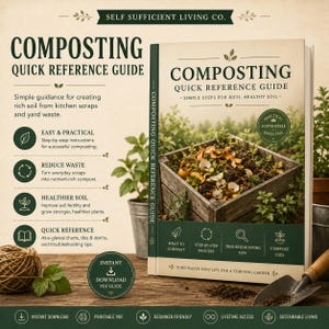 May include: A Composting Quick Reference Guide book with a cream and dark green cover featuring a wooden compost bin filled with organic waste. The text reads Composting Quick Reference Guide, Simple Steps for Rich, Healthy Soil, and Self Sufficient Living Co. It includes icons for composting steps and an instant download PDF guide badge.