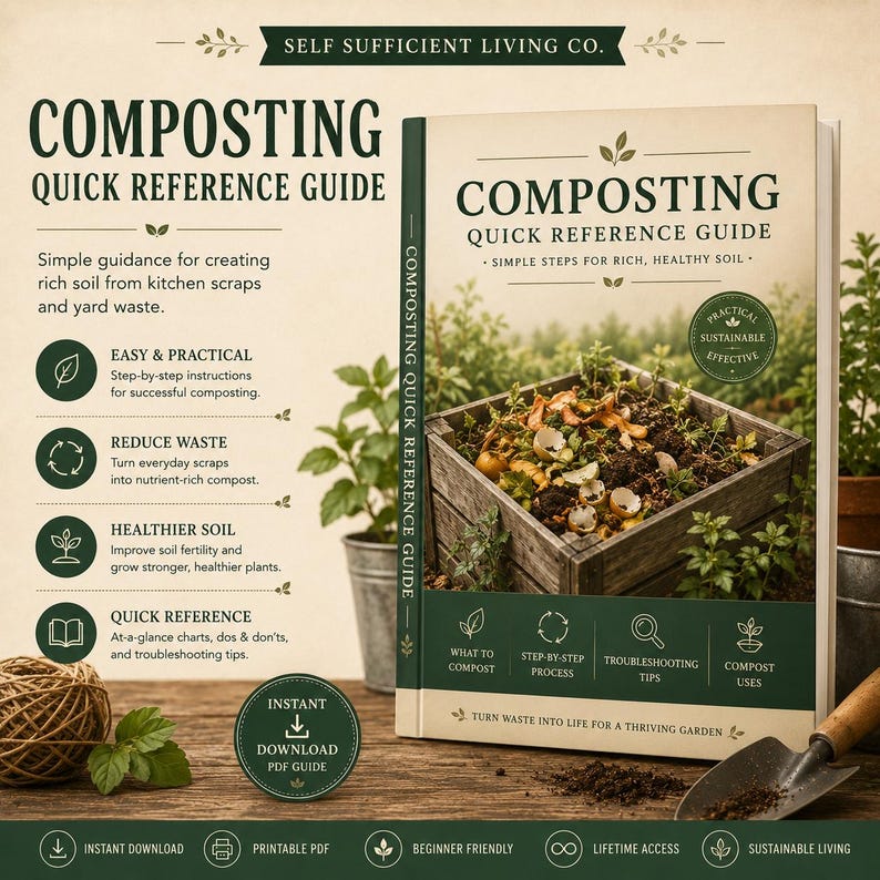 May include: A Composting Quick Reference Guide book with a cream and dark green cover featuring a wooden compost bin filled with organic waste. The text reads Composting Quick Reference Guide, Simple Steps for Rich, Healthy Soil, and Self Sufficient Living Co. It includes icons for composting steps and an instant download PDF guide badge.