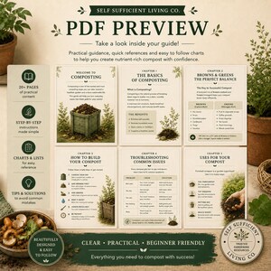 May include: A digital PDF preview guide from Self Sufficient Living Co. featuring six pages of composting instructions, including chapters on basics, brown and green material balance, building a compost bin, troubleshooting, and uses for compost.