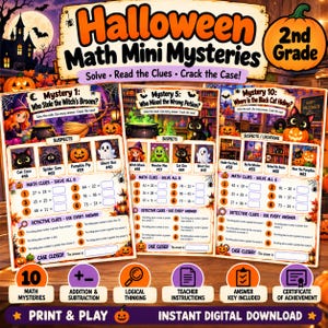 Op de afbeelding: Een set van drie Halloween Math Mini Mysteries werkbladen voor groep 4, met kleurrijke illustraties van heksen, katten en pompoenen. Elke pagina bevat sommen, detective-aanwijzingen en vakjes om mysteries op te lossen als digitale download.