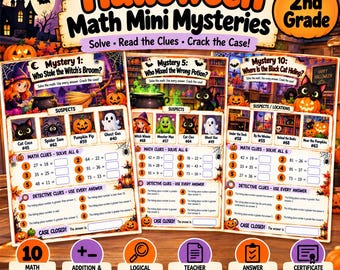 Halloween Math Mystery Worksheets, 2nd Grade Addition & Subtraction (Digital Download)